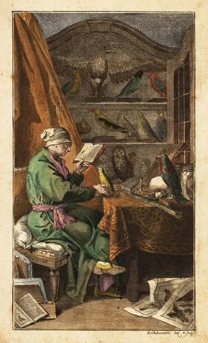 Framed Print : German ornithologist in his study, 18th century Framed Print : German ornithologist in his study, 18th century