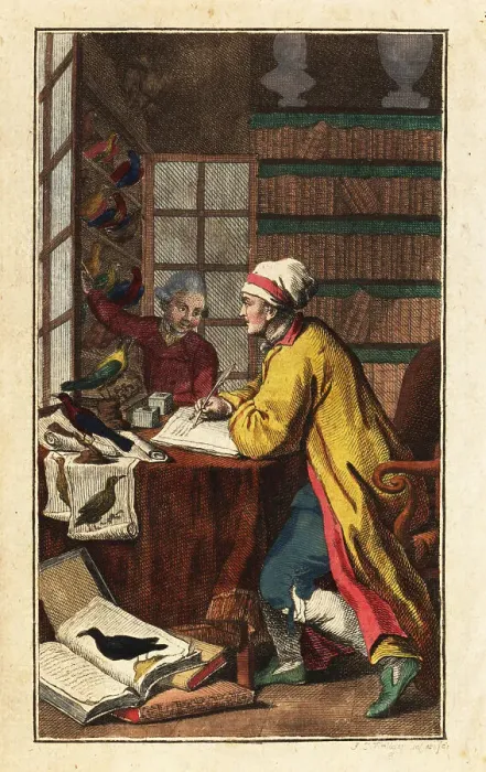 Framed Print : German ornithologist in his study, 18th century Framed Print : German ornithologist in his study, 18th century