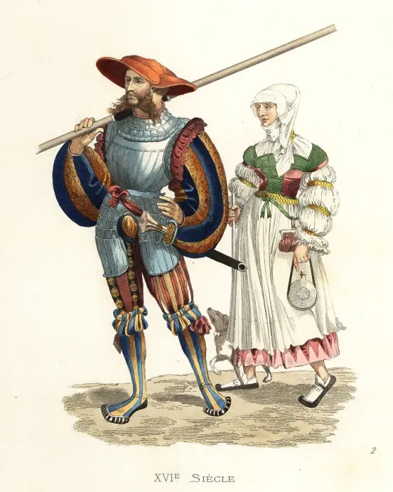 Framed Print : German pikeman and servant girl, 16th century Framed Print : German pikeman and servant girl, 16th century
