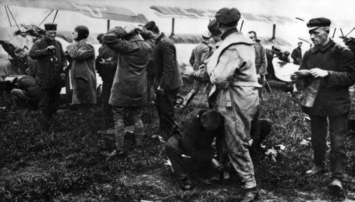 Framed Print : German pilots on alert, with Fokker triplanes, WW1 Framed Print : German pilots on alert, with Fokker triplanes, WW1