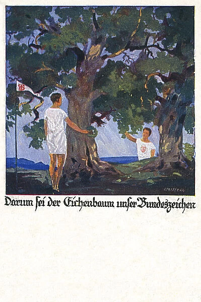 German postcard, two male athletes under oak tree