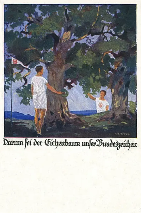 Framed Print : German postcard, two male athletes under oak tree Framed Print : German postcard, two male athletes under oak tree