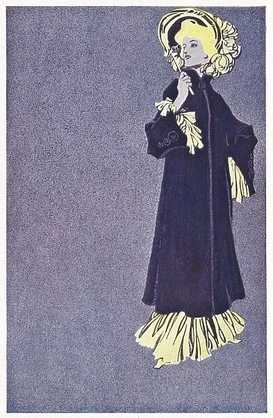 German poster design, elegant woman in purple coat