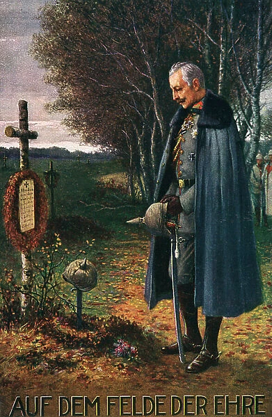 German propaganda postcard, Kaiser at grave, WW1