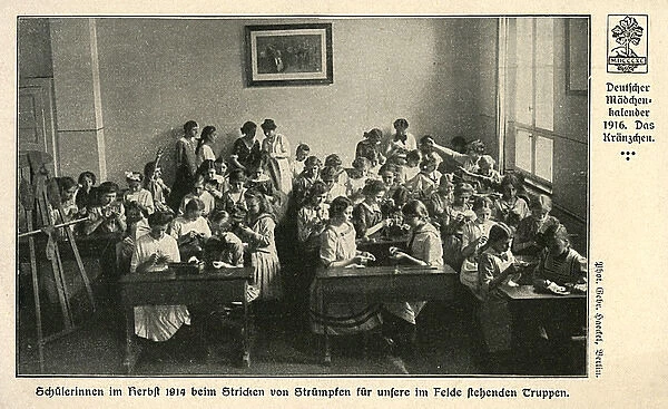 German school girls knitting socks for soldiers, WW1