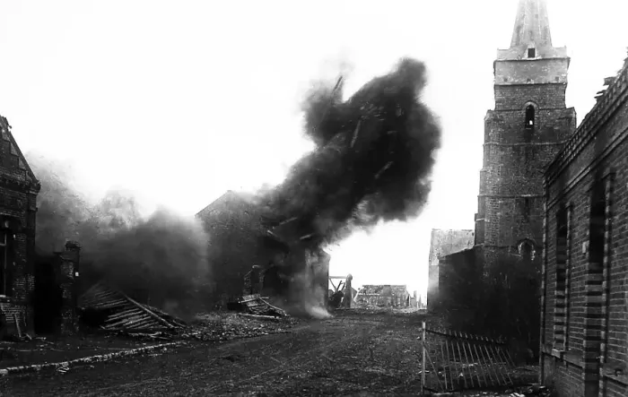 Framed Print : German shell bursting in Mons en Chaussee, France Framed Print : German shell bursting in Mons en Chaussee, France