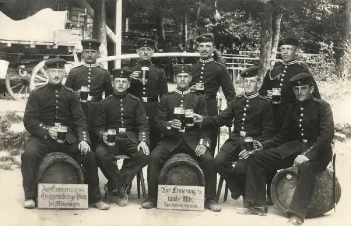 Framed Print : German soldiers with beer glasses and barrels Framed Print : German soldiers with beer glasses and barrels