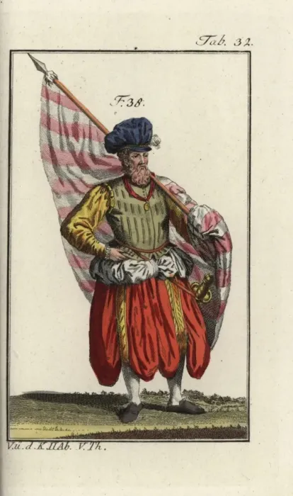 Framed Print : German standard-bearer in baggy long breeches 1588 Framed Print : German standard-bearer in baggy long breeches 1588