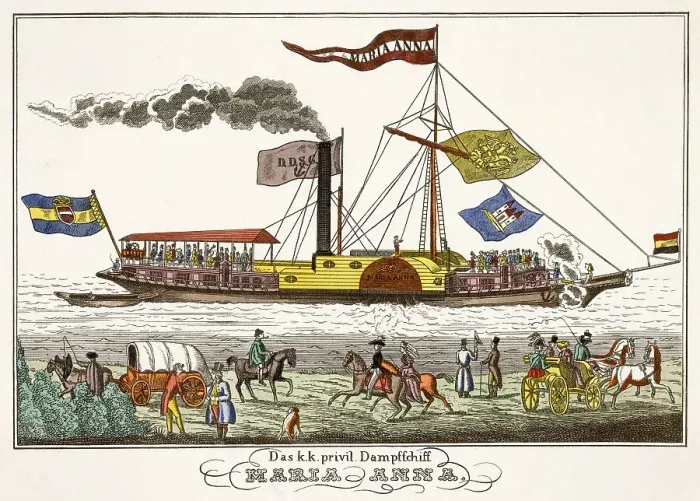 Framed Print : A German steamship with many flags flying attracts the attention of people on the river bank. Date: circa 1830 Framed Print : A German steamship with many flags flying attracts the attention of people on the river bank. Date: circa 1830