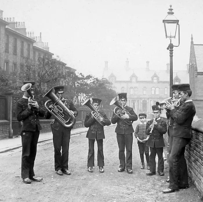 Framed Print : German Street Band in Bradford Victorian period Framed Print : German Street Band in Bradford Victorian period