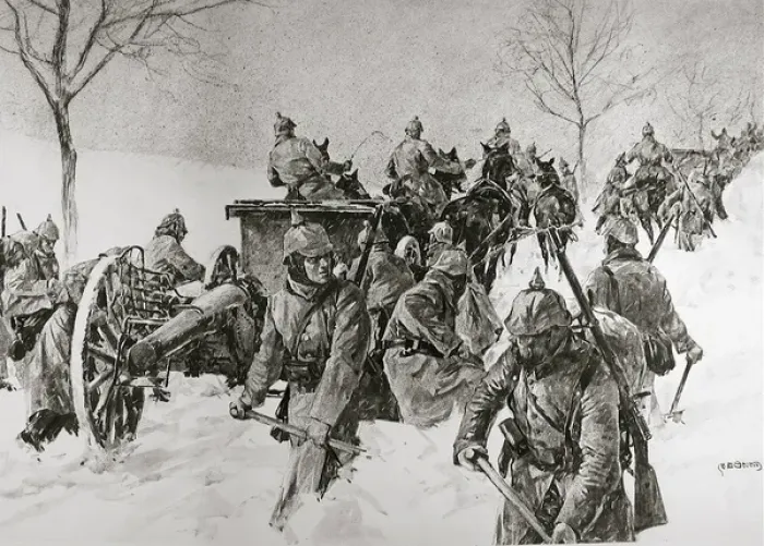 Framed Print : German Troops and Artillery in the winter snows Framed Print : German Troops and Artillery in the winter snows
