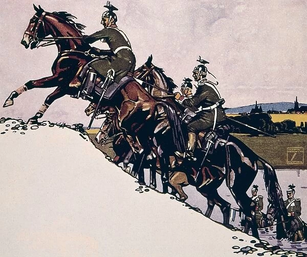 German Uhlans climbing a hill on horseback, WW1