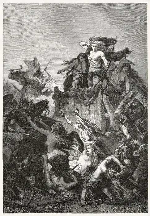 Framed Print : German women fight to the death to defend the Wagon barricade against the attacking Romans Date: circa 1 AD Framed Print : German women fight to the death to defend the Wagon barricade against the attacking Romans Date: circa 1 AD