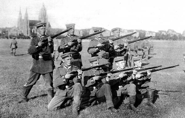 Germanys reply to Kitcheners army: Volunteers (Freiwillige) at drill for entry into the field in