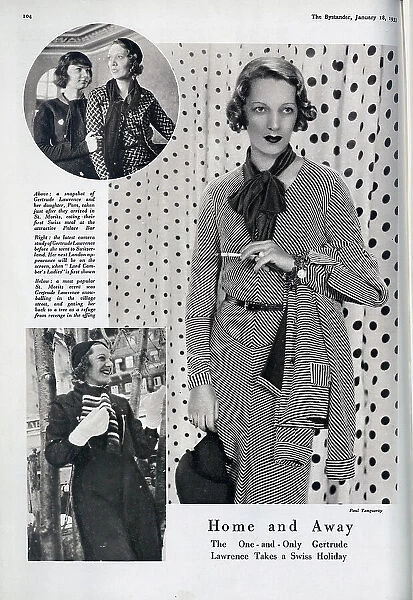 Gertrude Lawrence (1898-1952), actress on holiday, Switzerland. Captioned, Home and Away: The One-and-Only Gertrude Lawrence Takes a Swiss Holiday