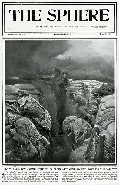 Ghostly green cloud gas rolling towards the trench 1915