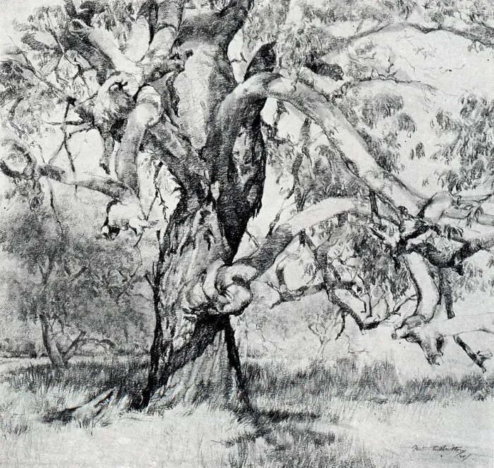 Framed Print : The Giant. A landscape pencil drawing, dominated by the presence of a very large Framed Print : The Giant. A landscape pencil drawing, dominated by the presence of a very large