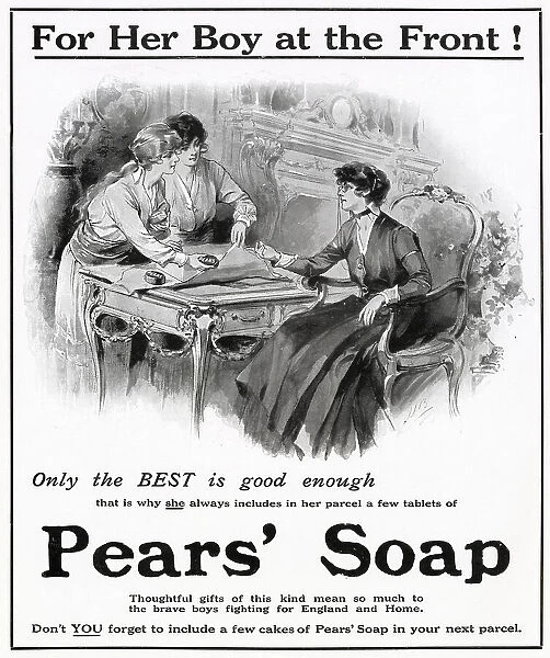 Gifts of Pears Soap been wrapped up to be sent to the front during World War Two. Date: 1915