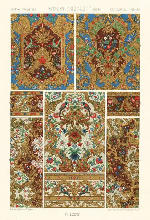 Framed Print : Gilded leather and borders, 17th and 18th centuries Framed Print : Gilded leather and borders, 17th and 18th centuries
