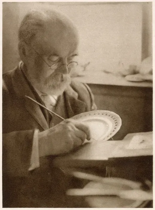 Framed Print : The gilder at work: gilding the edge of the plates. Date: 1913 Framed Print : The gilder at work: gilding the edge of the plates. Date: 1913