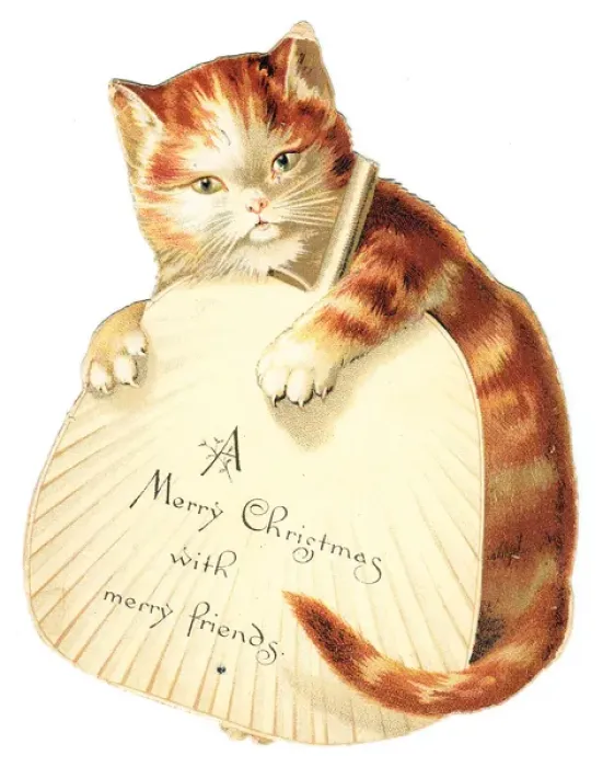 Framed Print : Ginger cat with a fan on a cutout Christmas card Framed Print : Ginger cat with a fan on a cutout Christmas card