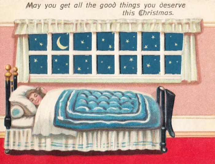 Framed Print : Girl asleep in bed on a Christmas card Framed Print : Girl asleep in bed on a Christmas card