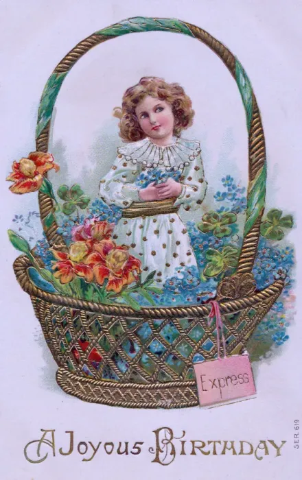 Framed Print : Girl in a basket of flowers on a birthday postcard Framed Print : Girl in a basket of flowers on a birthday postcard
