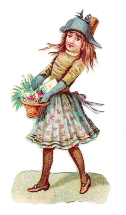 Framed Print : Girl with basket of flowers on a Victorian scrap Framed Print : Girl with basket of flowers on a Victorian scrap