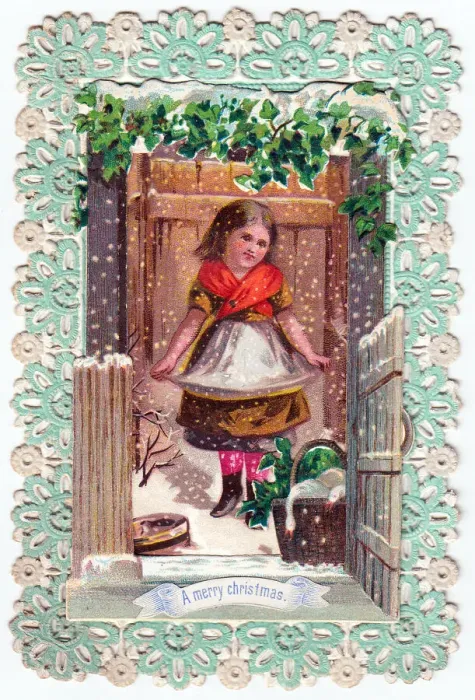 Framed Print : Girl with a basket of geese on a Christmas card Framed Print : Girl with a basket of geese on a Christmas card