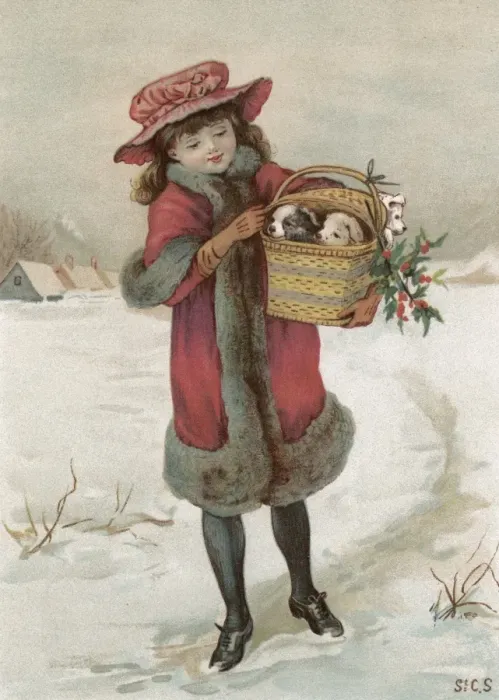 Framed Print : Girl / Basket of Puppies Framed Print : Girl / Basket of Puppies