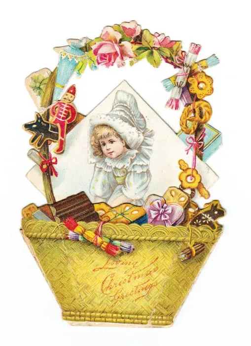 Framed Print : Girl with a basket of toys on a cutout Christmas card Framed Print : Girl with a basket of toys on a cutout Christmas card