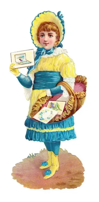 Framed Print : Girl with basket on a Victorian scrap Framed Print : Girl with basket on a Victorian scrap