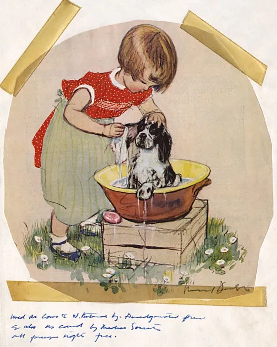 Framed Print : Girl bathing dog by Muriel Dawson Framed Print : Girl bathing dog by Muriel Dawson