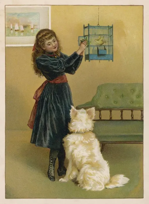 Framed Print : GIRL WITH BIRD AND DOG Framed Print : GIRL WITH BIRD AND DOG