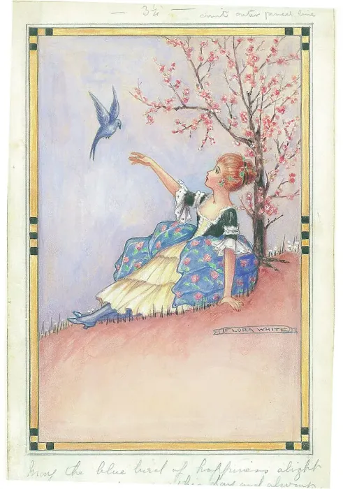 Framed Print : Girl and bird under tree Text May the blue of Framed Print : Girl and bird under tree Text May the blue of