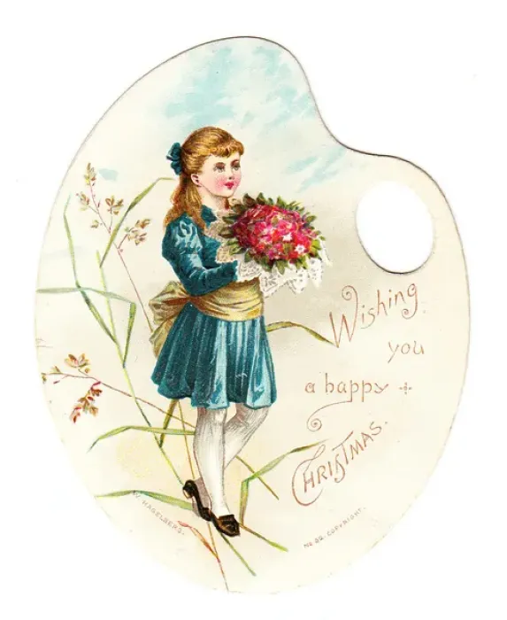 Framed Print : Girl in blue on a palette-shaped Christmas card Framed Print : Girl in blue on a palette-shaped Christmas card
