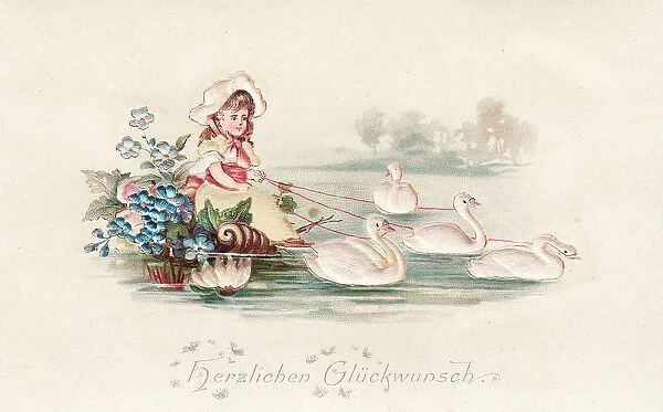 Girl in boat with swans on a German greetings card