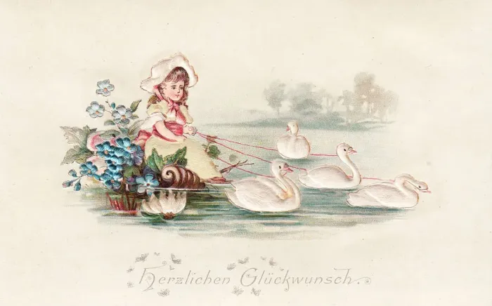Framed Print : Girl in boat with swans on a German greetings card Framed Print : Girl in boat with swans on a German greetings card