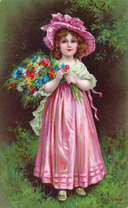 Framed Print : Girl with a bouquet of flowers on a greetings postcard Framed Print : Girl with a bouquet of flowers on a greetings postcard