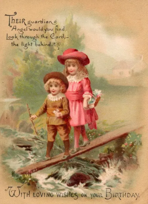 Framed Print : Girl and boy crossing a stream on a birthday card
