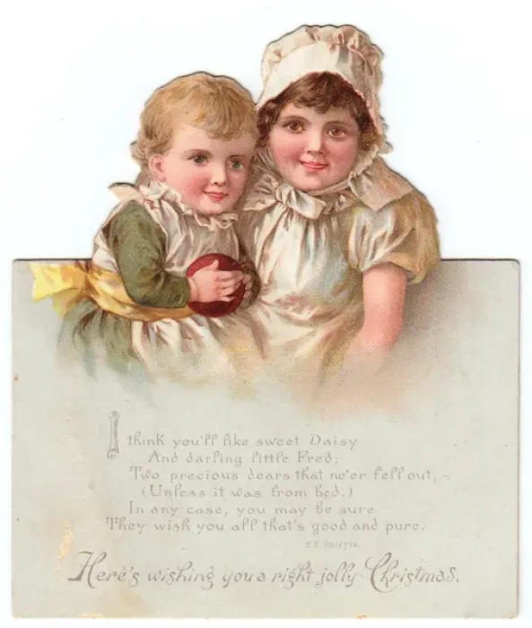 Framed Print : Girl and boy on a cutout Christmas card Framed Print : Girl and boy on a cutout Christmas card