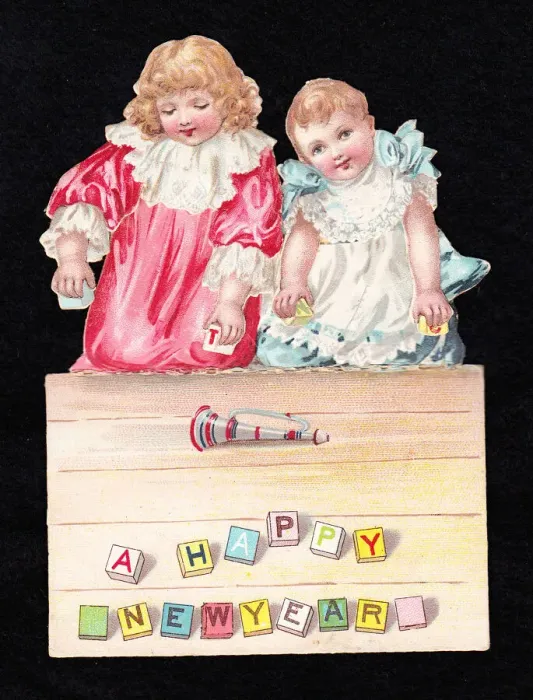 Framed Print : Girl and boy on a cutout New Year card Framed Print : Girl and boy on a cutout New Year card