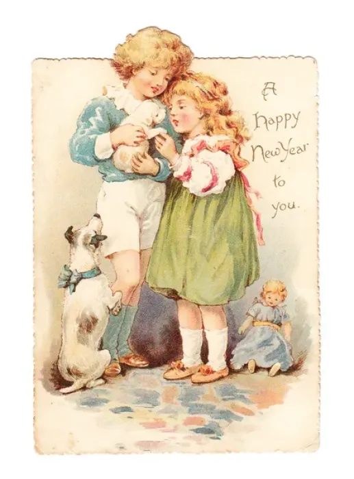 Framed Print : Girl and boy with dog and puppy on a cutout New Year card Framed Print : Girl and boy with dog and puppy on a cutout New Year card