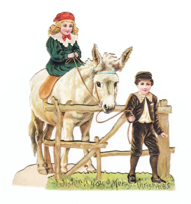 Framed Print : Girl and boy with a donkey on a cutout Christmas card Framed Print : Girl and boy with a donkey on a cutout Christmas card