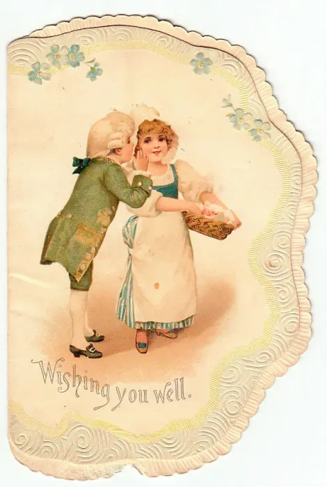 Framed Print : Girl and boy in historical costume on a greetings card Framed Print : Girl and boy in historical costume on a greetings card