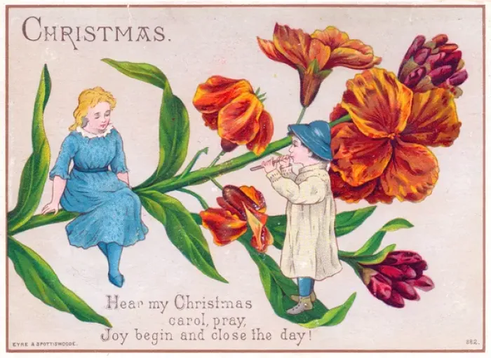 Framed Print : Girl and boy with large flower on a Christmas card Framed Print : Girl and boy with large flower on a Christmas card