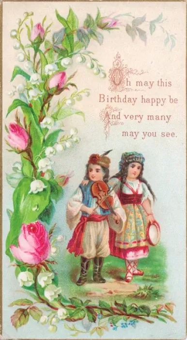 Framed Print : Girl and boy in peasant costume on a birthday card Framed Print : Girl and boy in peasant costume on a birthday card