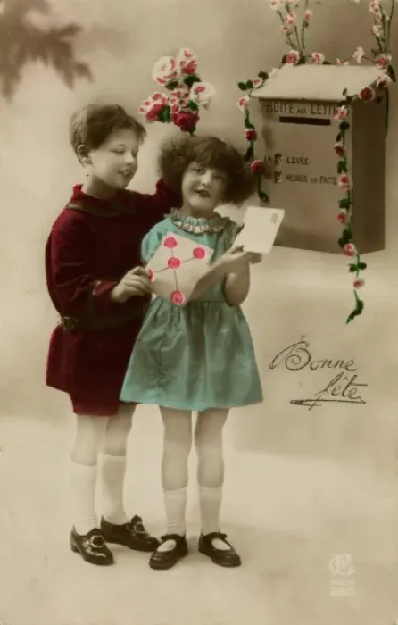 Framed Print : Girl and boy posting a letter Framed Print : Girl and boy posting a letter