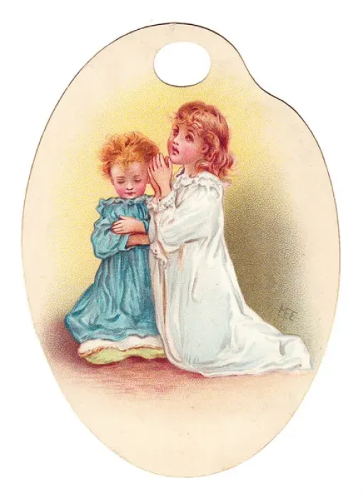 Framed Print : Girl and boy praying on a palette-shaped greetings card Framed Print : Girl and boy praying on a palette-shaped greetings card