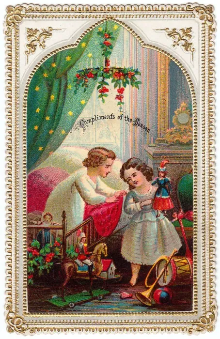 Framed Print : Girl and boy with presents on a Christmas card Framed Print : Girl and boy with presents on a Christmas card